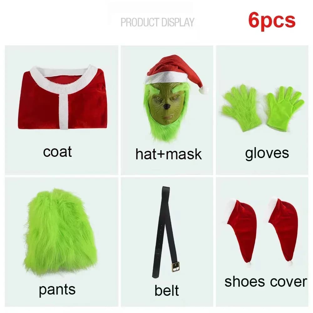 2026 Halloween Cosplay kostuum Kerstman grappige hoed handschoen riem kleden broek masker schoenen 7-delige set volwassen