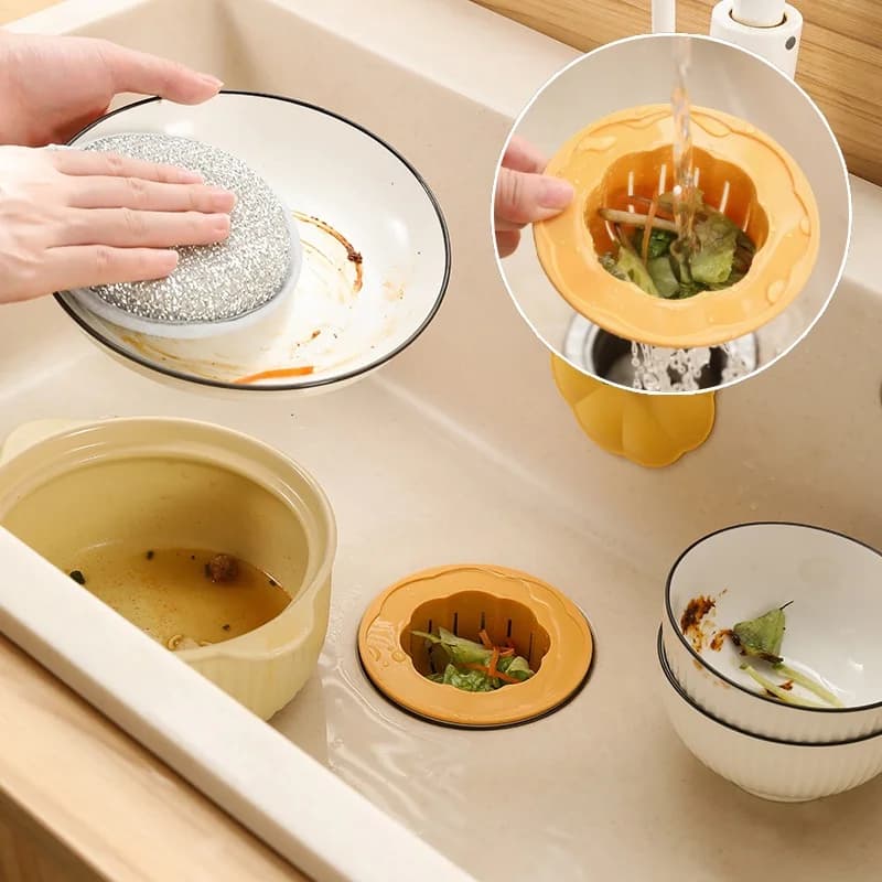 Filtro per scarico a forma di zucca con cestello a svuotamento automatico, rete filtrante multifunzionale per vasca e cucina, raccoglitore di rifiuti