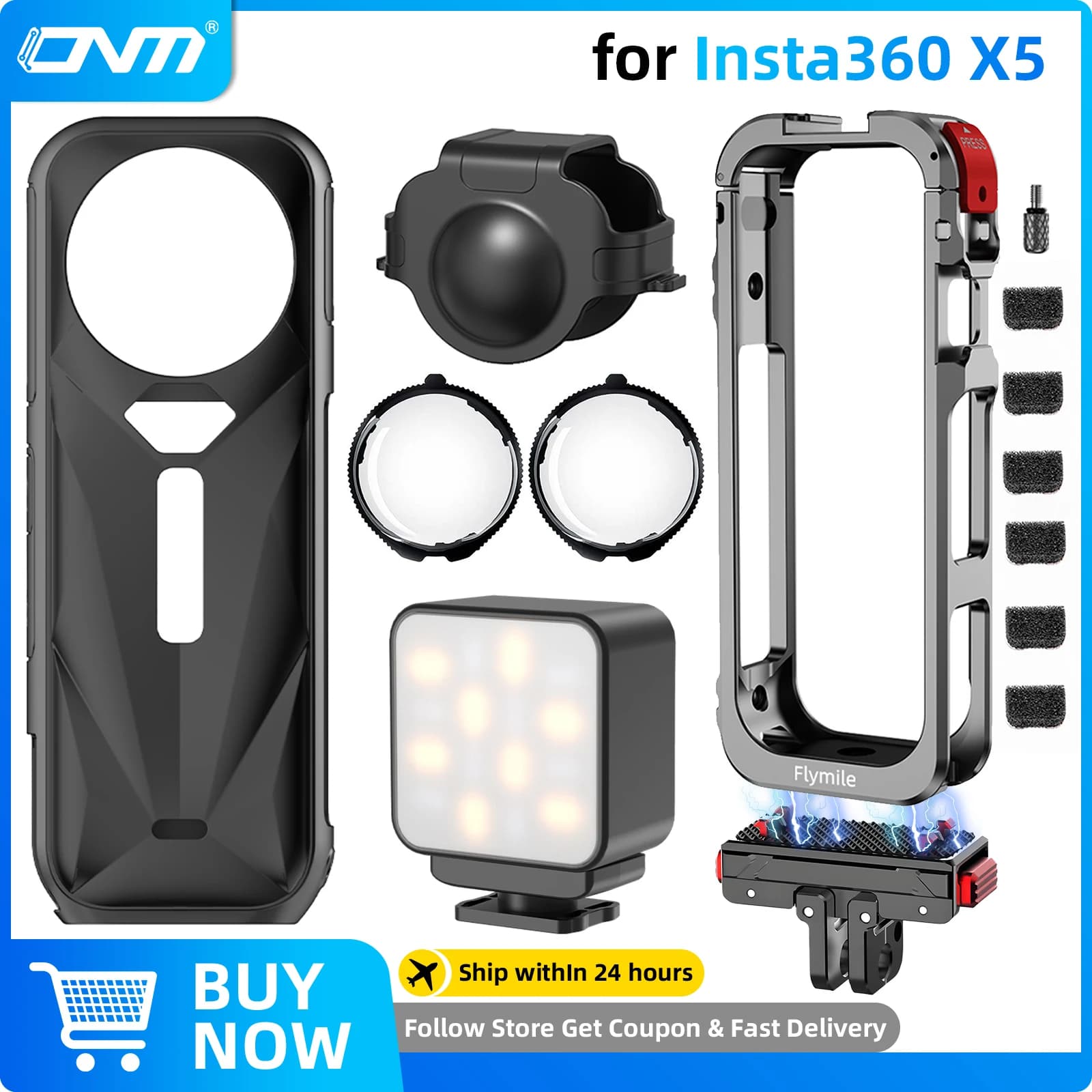 Set di accessori per Insta360 X5, gabbia con struttura in metallo + supporto adattatore + protezioni per lenti in vetro + luce di riempimento LED + custodia in silicone, per Insta 360 X5