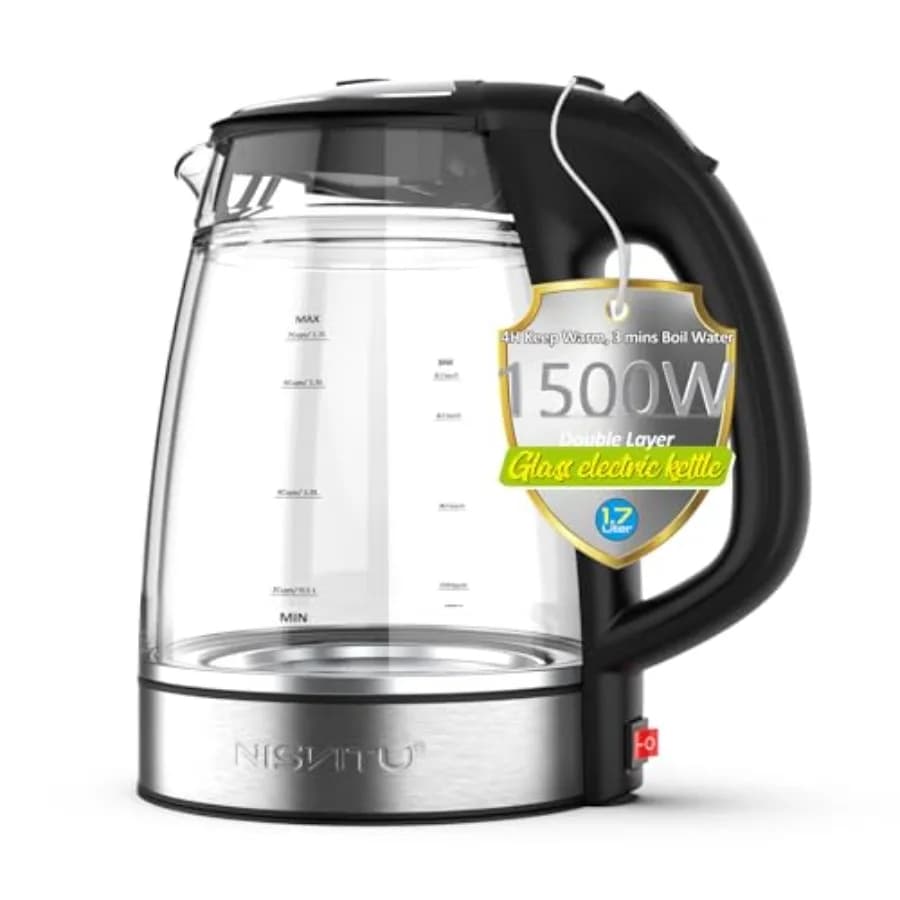 Bollitore Elettrico Senza Fili con Corpo in Acciaio Inox e Vetro, Esterno in PC + Interno in Vetro, 1.7L 1500W Nero, Spegnimento Automatico, Protezione Contro l'Ebollizione a Secco
