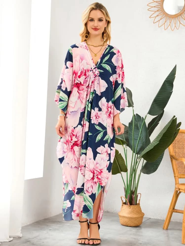 Summer Cover Ups Women Swimsuit Batwing Sleeve Robes Bathing Suit 2026 New Flower Print Beach Holiday Maxi Dresses Cover-Up