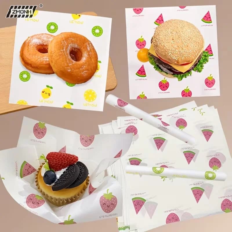 [H] 50 Pezzi Carta da Forno per Alimenti con Motivi Floreali e Fragole, Quadrati di Carta Antiaderente per Torte, Hamburger e Patatine