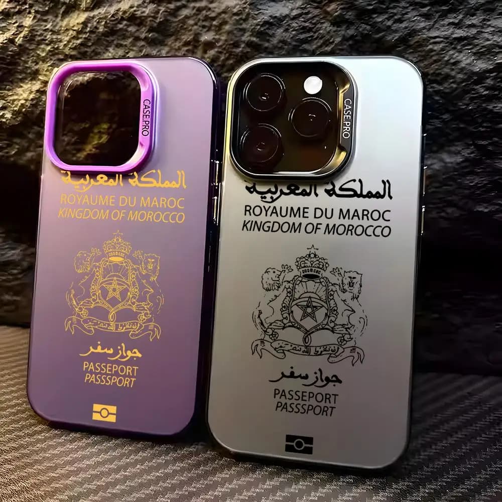 Custodia per telefono M-Morocco Passport per iPhone 17 16 15 14 13 12 11 Pro Max, Designer Opaca Laser Aurora