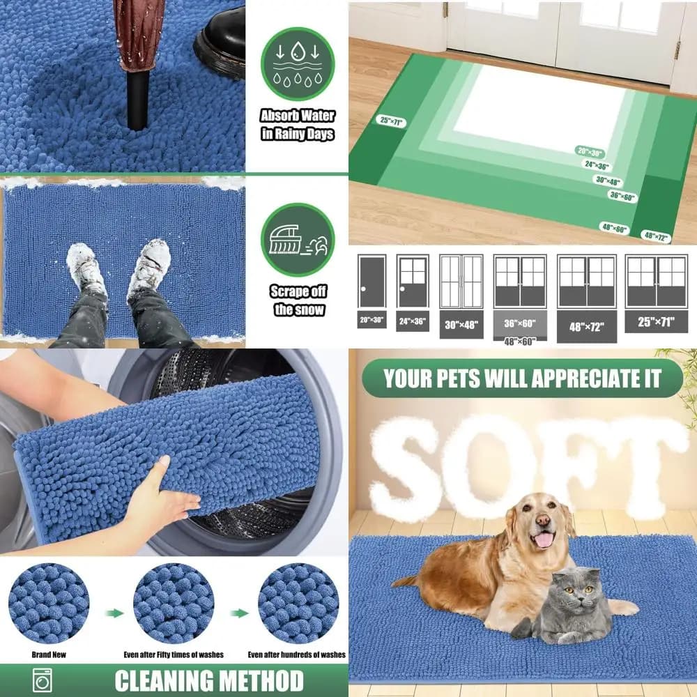 Absorbent Mat for Exterior 60 x 36, Washable and Non-slip for Interior, Suitable for Dogs, Fango and Impronte resistant, Blue