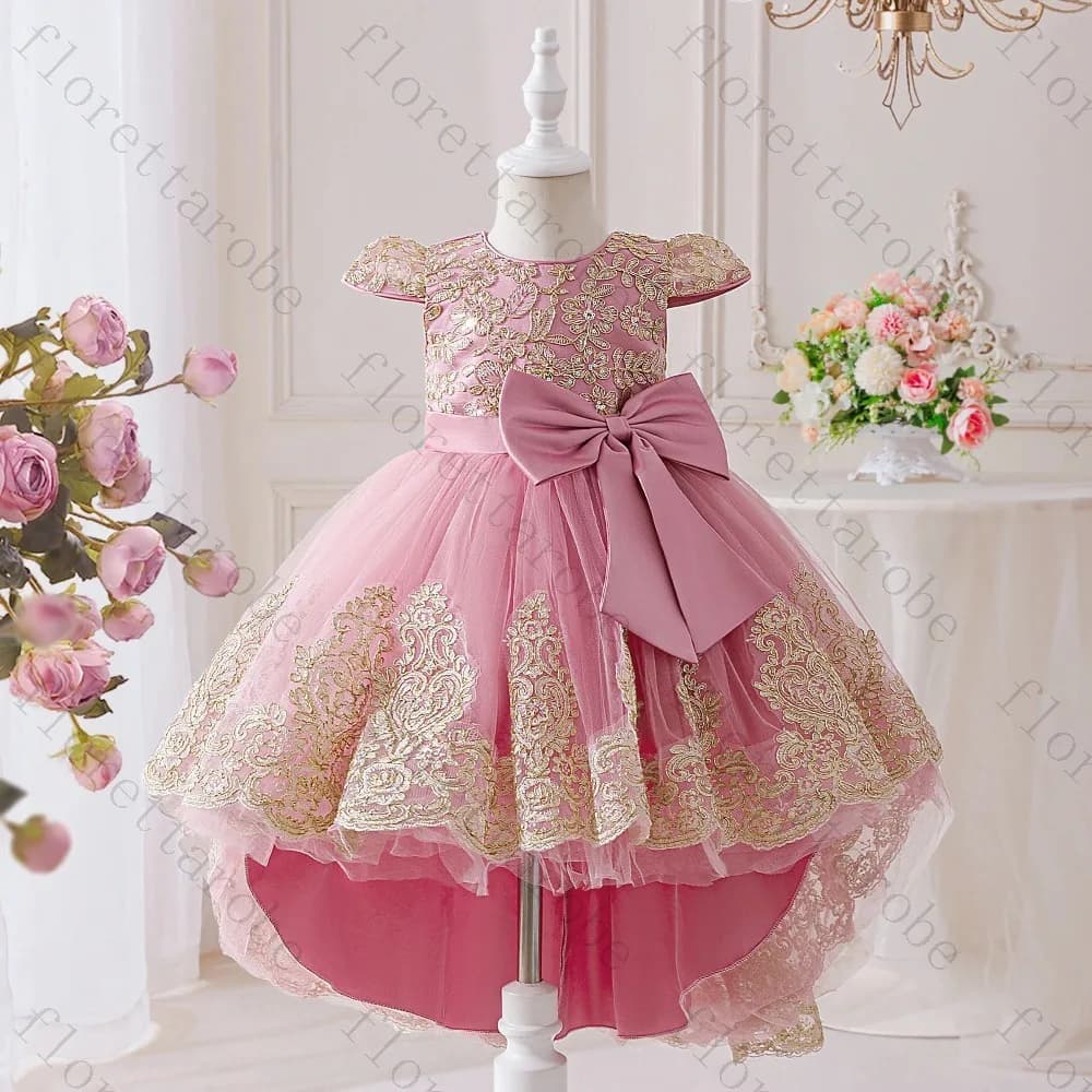 Customized Gold Embroidery Flower Girl Dress with Big Bow Short Sleeves O Neck Tulle A Line High Low Gown Wedding Birthday Party