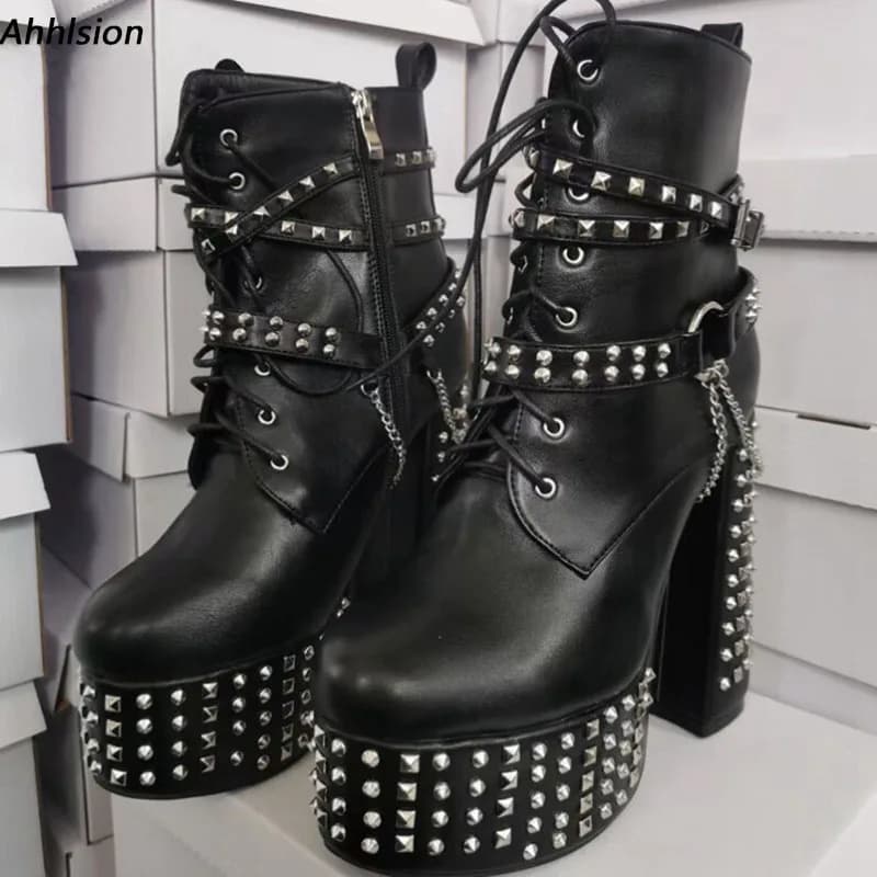 Ahhlsion New Women Winter Ankle Boots Platform Chunky High Heels Round Toe Pretty Black Punk Shoes Ladies US Plus Size 5-20