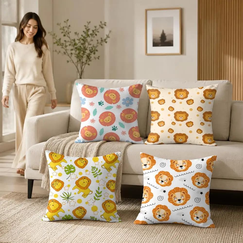 Cute Lion Pattern Cushion Cover Silky Short Plush Invisible Zipper Dustproof Sofa Pillow Case For Home Decor