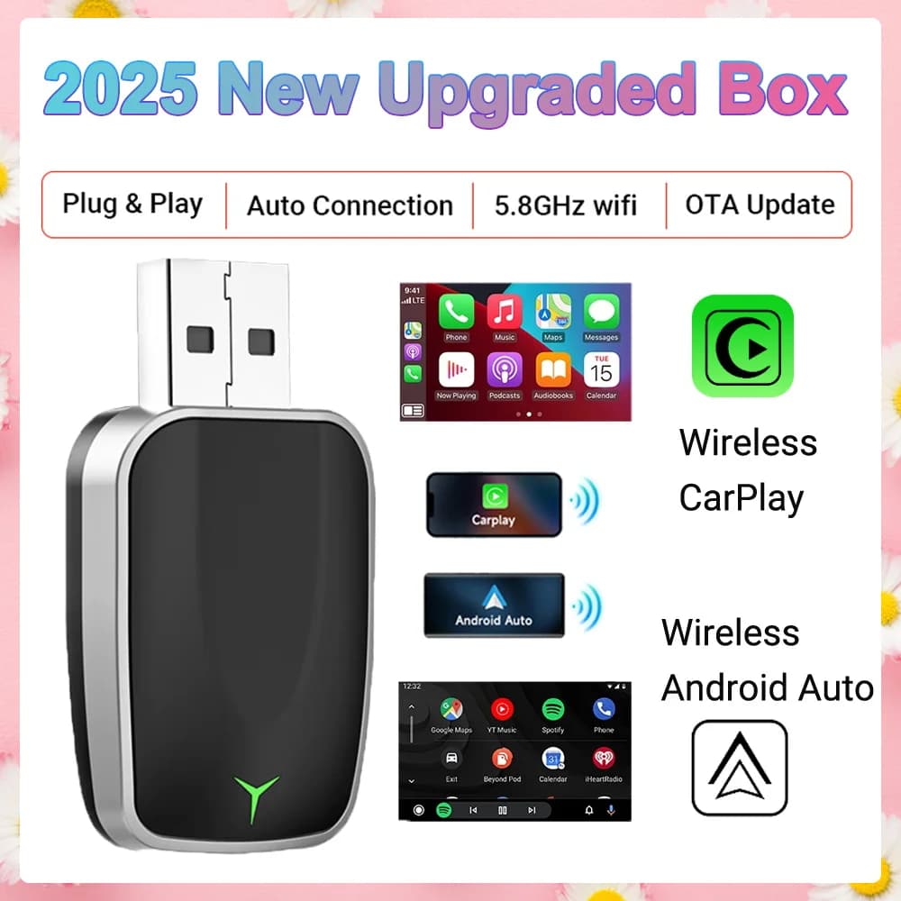 2025 Nuovo Aggiornamento Wired A Wireless Carplay Android 2In1 Adattatore Auto Gadget Smart Box Plug & Play 5Ghz Wifi Collegamento Veloce Mini Box