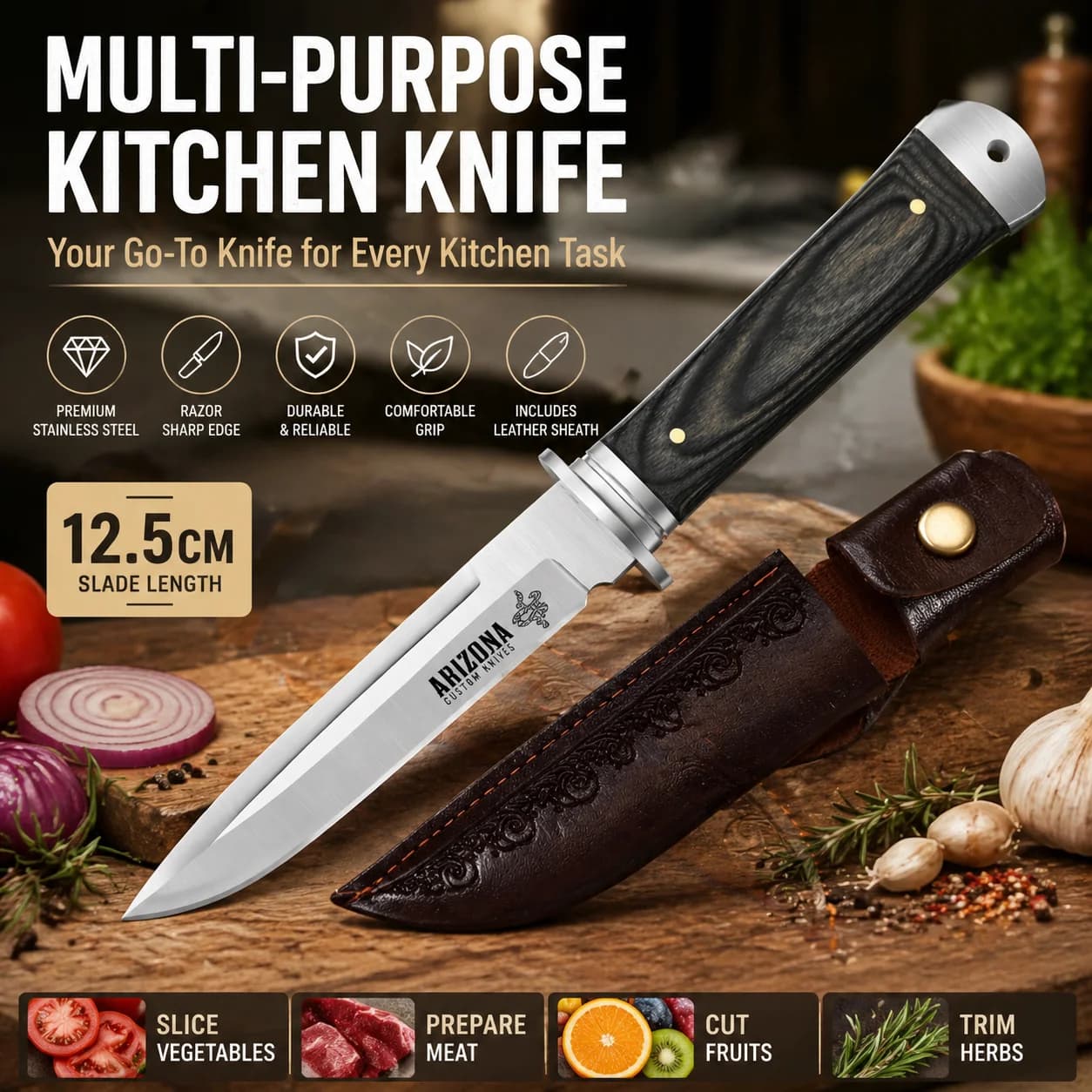 Coltello da Cucina Multiuso Premium, Coltello da Sbucciatura ad Alta Durezza 5Cr13 con Manico in Pakkawood Nero per Carne e Verdure