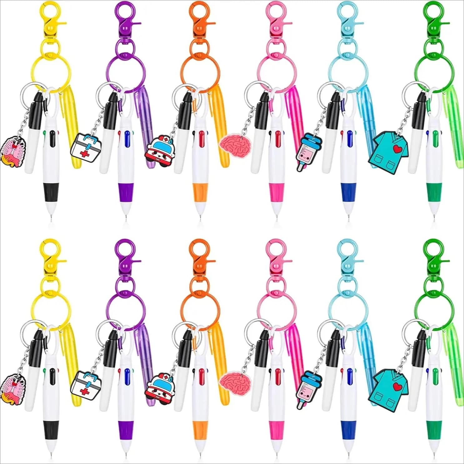 I mini evidenziatori per infermiere includono evidenziatori a 1 punta, 1 pennarello permanente e 1 penna a sfera retrattile con 1 clip portachiavi infermieristico