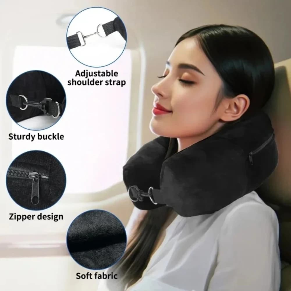 Cuscino da Viaggio a U in Morbido Velluto Riempibile con Borsa Portaoggetti, Portatile e Comodo per Viaggi in Aereo, Auto, Ufficio, Poggiatesta