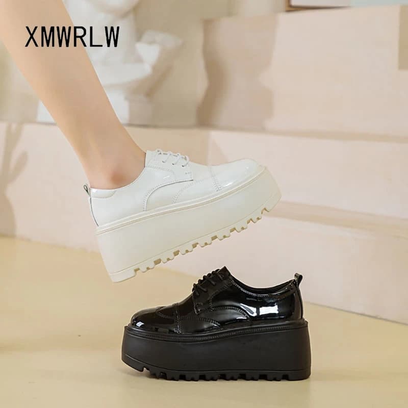 XMWRLW Patent Leather Women's Platform Shoes 2025 Autumn Fashion Thick Sole Female Rubber Sole Shoes Women Autumn Shoe Size 33