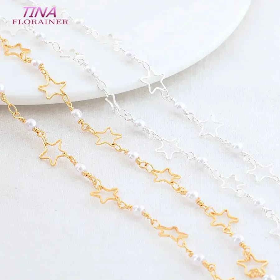 1 metro 8*4MM 14K Color oro placcato stella in ottone e catena di perle artificiali per gioielli che fanno catena di bracciali collana fai da te