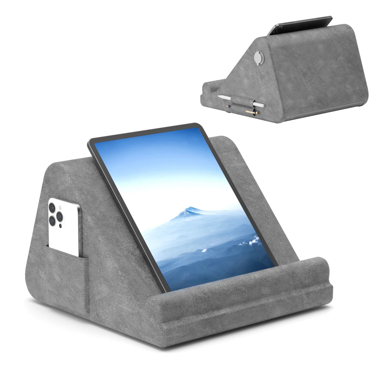 Supporto per cuscino per tablet Cuscino gonfiabile portatile Supporto per iPad per letto in colo con tasca per telefono e supporto per stilo compatibile con iPad Pro