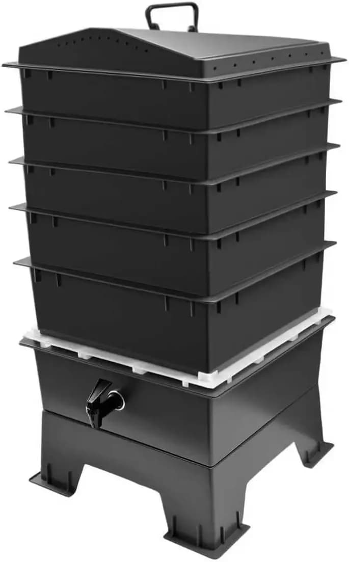 Compostiera a 5 Vassoi, Classica Nera Opaca con Vassoio Salvamosche Gratuito per Compostaggio Domestico Efficiente