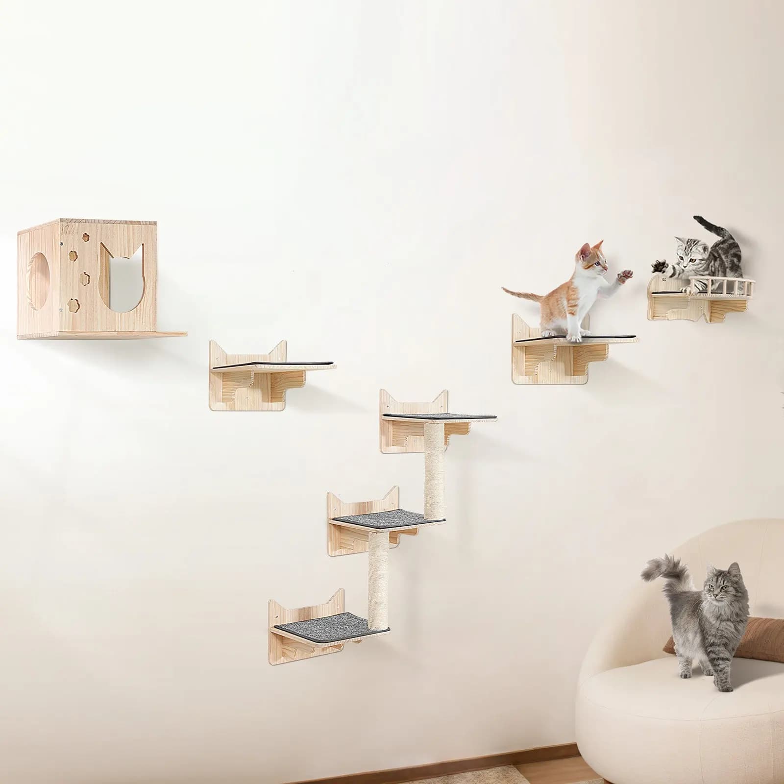 Set di 5 mensole a parete per gatti con piattaforme per saltare e cuccia