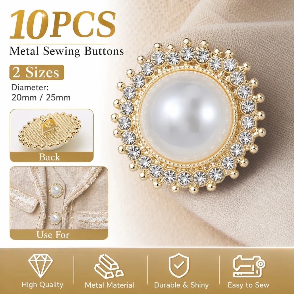 10Pcs 20mm & 25mm Pearl Rhinestone Shank Buttons, Elegant Decorative Buttons for Coats Jackets Bag, Durable Shank Sewing Buttons