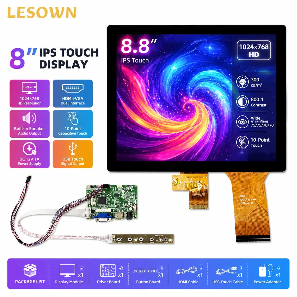 LESOWN 8" Touch Screen Monitor Kit 1024x768 Capacitive LCD Display Module with Controller Board for Raspberry Pi PC DIY