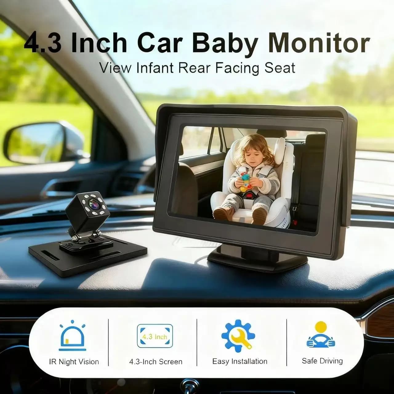 Monitor per auto da 4,3 pollici con telecamera a visione notturna IR per il monitoraggio dei sedili posteriori e degli animali domestici, sicurezza per neonati e bambini
