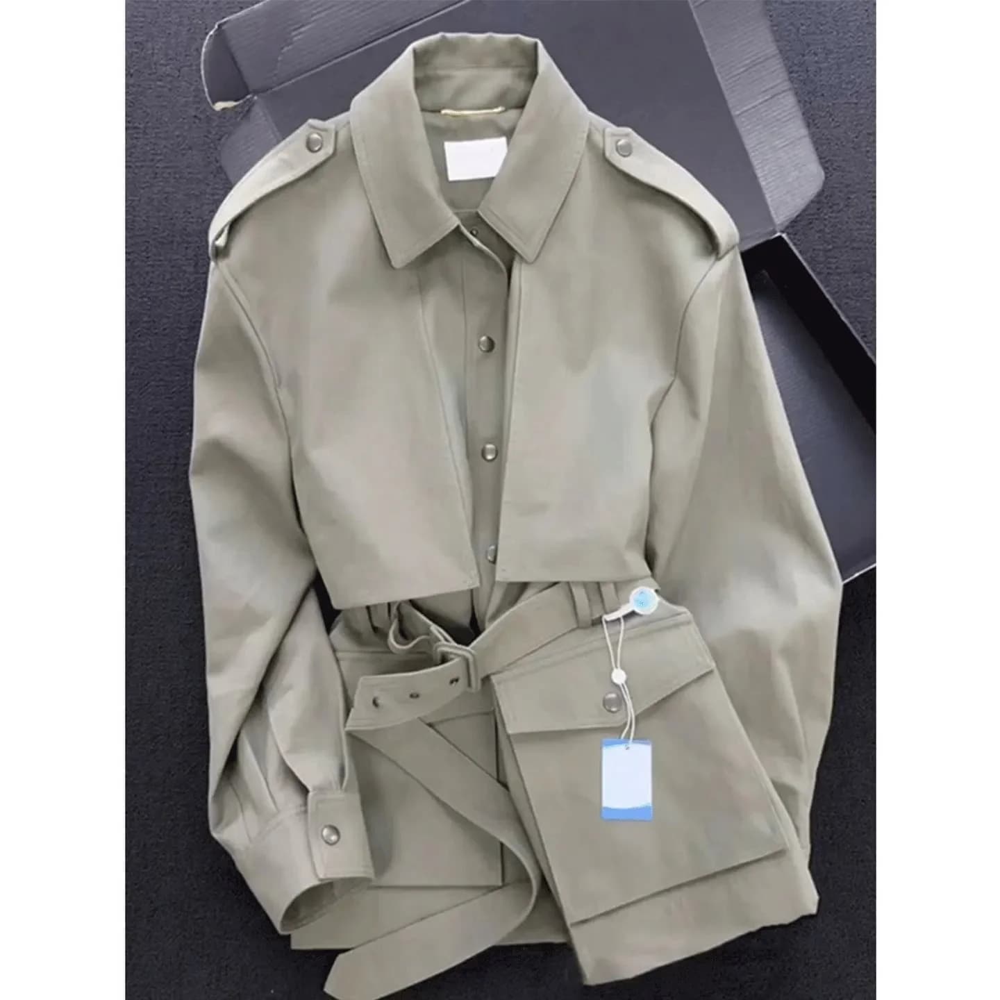 Women's 2026 Fashion Trench Coat Long Sleeve Lapel Collar Belted Short Windbreaker Outerwear Chic Spring Street Bomber Jacket