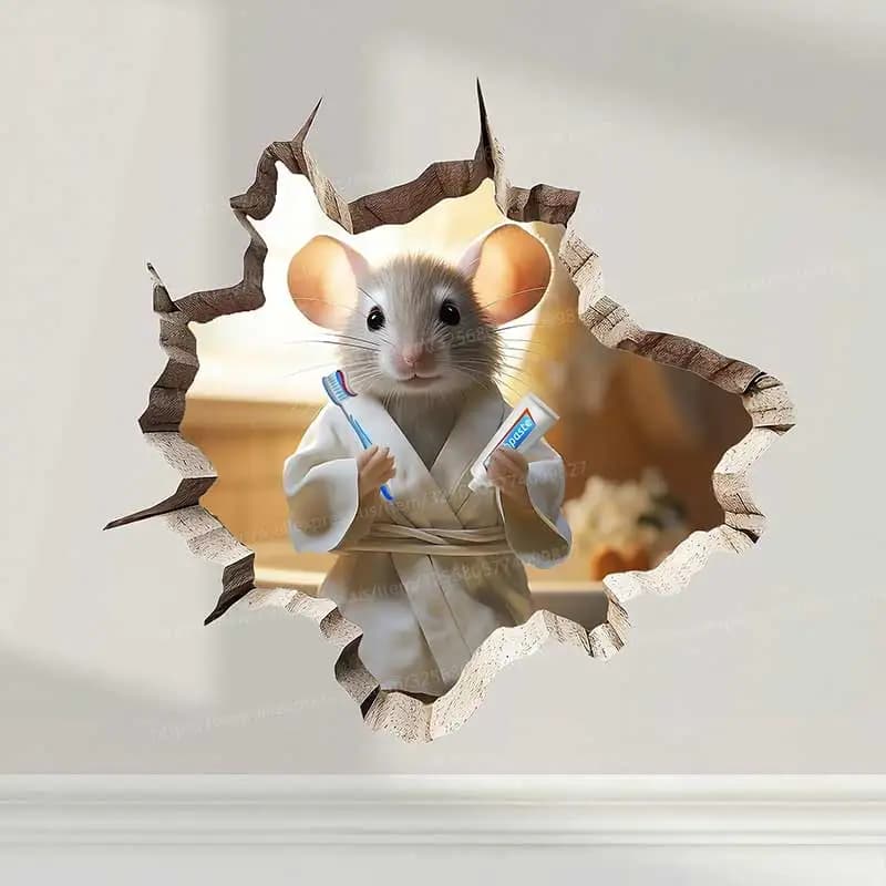 Simpatico foro per mouse, adesivo per spazzolare i denti del mouse nella decalcomania del foro della parete, adesivo per il foro del mouse, adesivo da parete per denti con spazzola per accappatoio S794