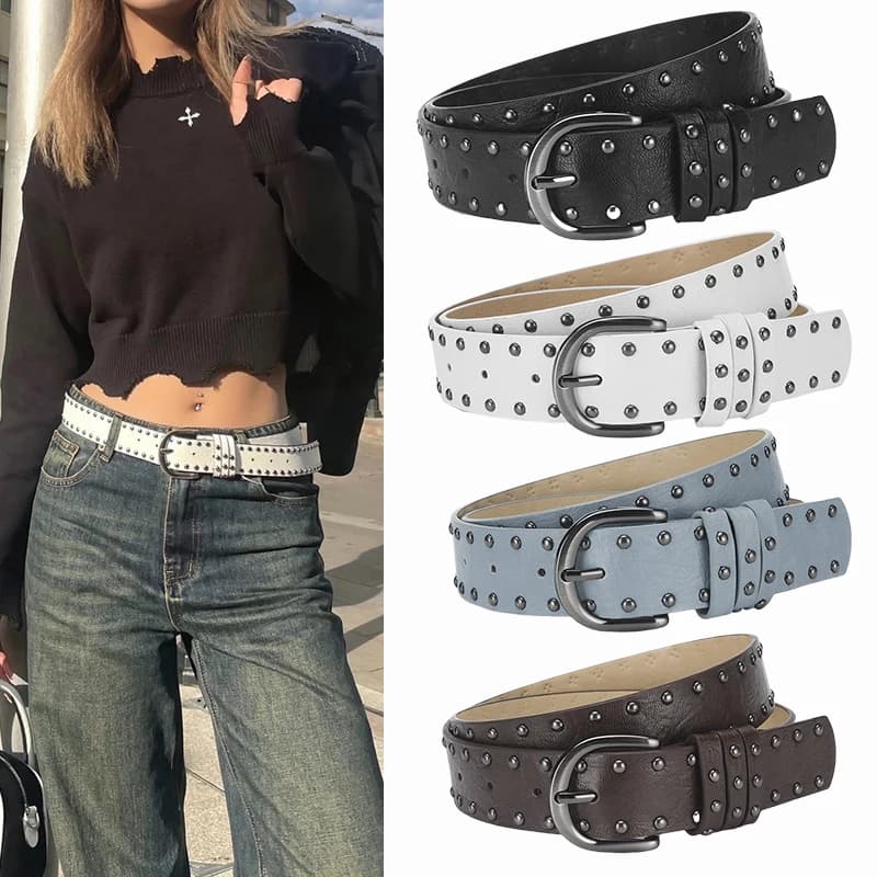 White PU Leather Punk Women's Belt Gothic Retro Hip Hop y2k Girls' Girdle Simple Design Rivet Needle Buckle Black Waistband