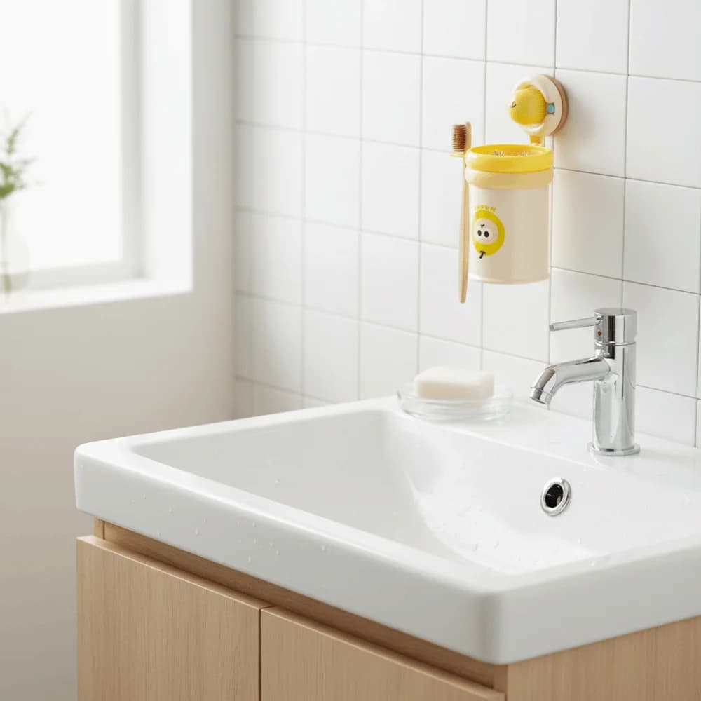 Portaspazzolino salvaspazio con ventosa, tazza magnetica rimovibile a forma di cartone animato per collutorio, organizer da bagno in plastica