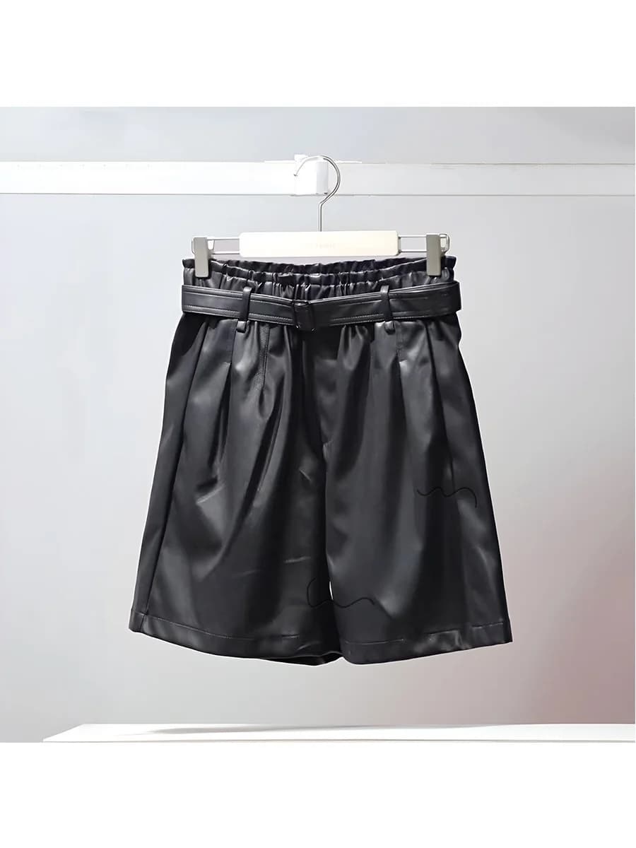Fashionable PU Leather High Waist Wide Leg Boot Pants Women's Short Pants Elastic Waist Slimming Style Casual Autumn Winter