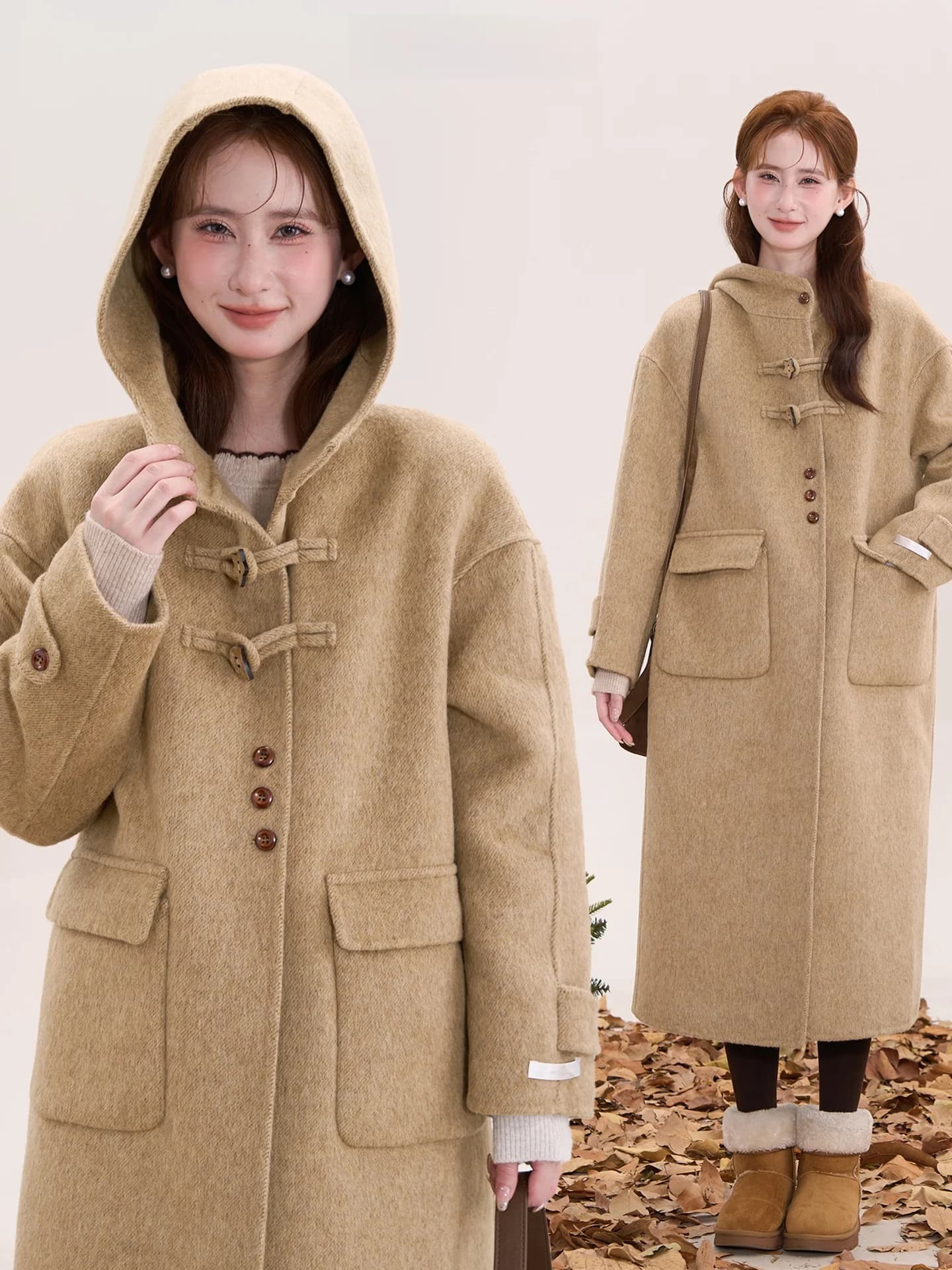 Cappotto in Lana Heme 675 con Cappuccio e Bottoni in Legno a Stella, Giacca Invernale da Donna di Media Lunghezza, Stile College, Puro E-commerce