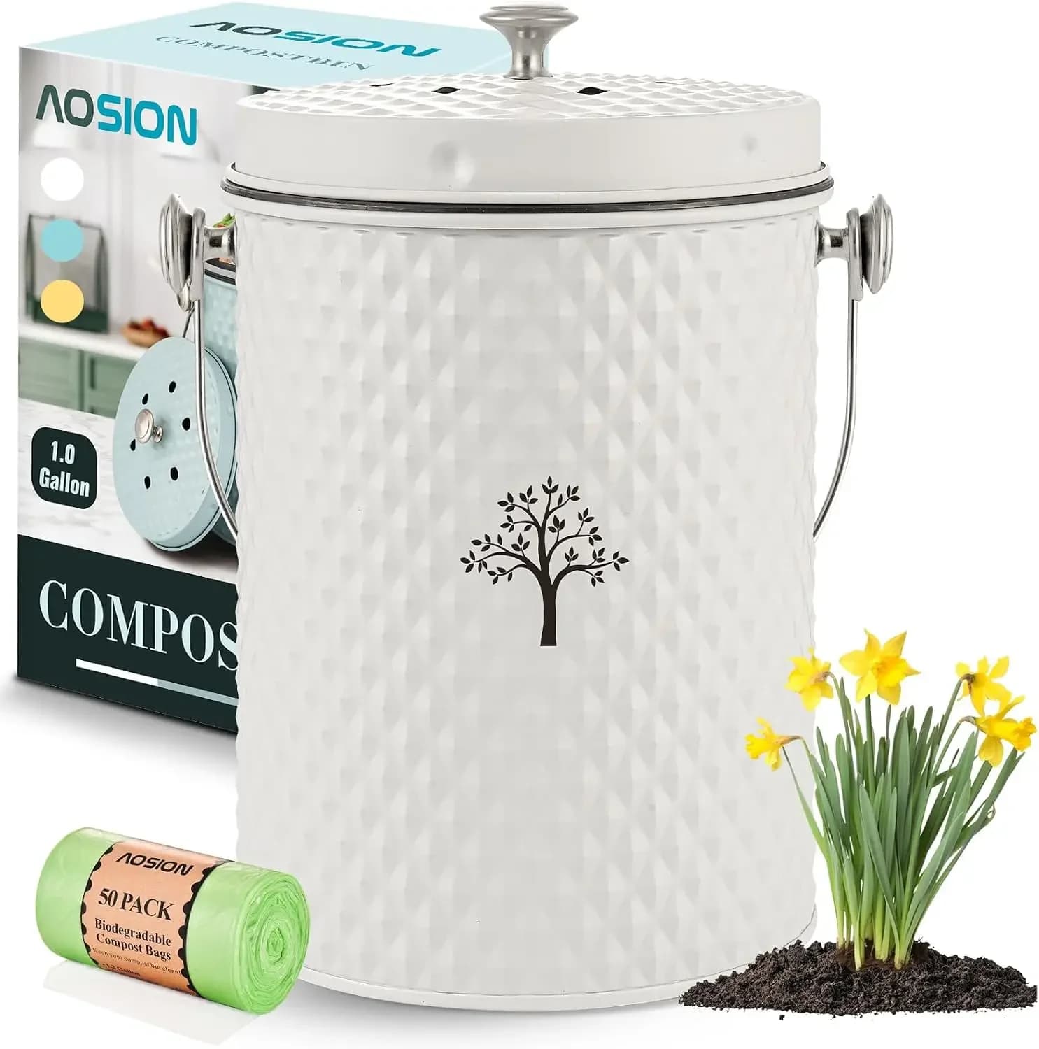 Odorless Countertop Compost Bin with Lid, 1.0 Gallon Kitchen Composter for Food Waste, Includes 50 Bags & Filters