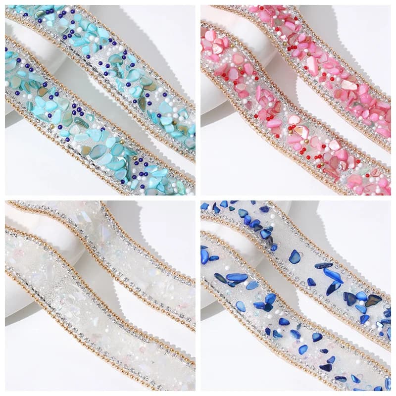 Nastro autoadesivo e da cucire su catena con artiglio di strass, colla per perline posteriori, rivestimento con frange di conchiglia per abbigliamento fai da te, scarpe, borse, decorazione
