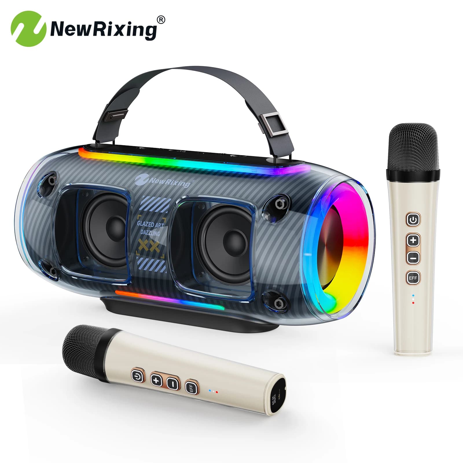 NewRixing Macchina per karaoke con 2 microfoni, altoparlante esterno portatile, per adulti bambini, 30 W rumoroso, 4000 mAh, luce RGB, per BT/USB/TF/AUX