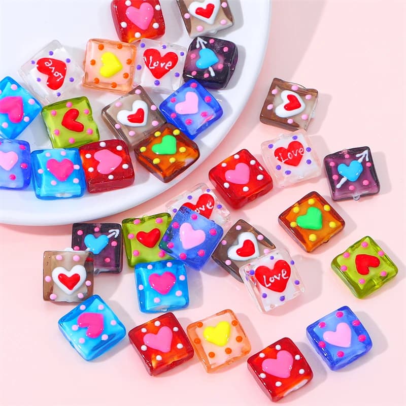 1/2pcs 15mm Handmade Square Cube Lampwork Glass Beads Heart Charms Beads for DIY Jewelry Making Craft Bracelet Accessories