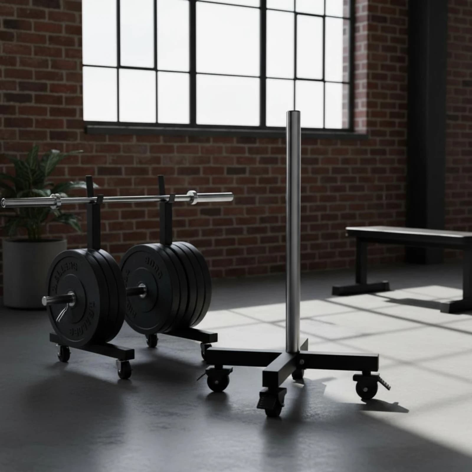 Barbell Plate Storage Carrier Heavy Duty Wheeled Plate Tree Weight Tree Rack Space-Saving Design Fitness Equipment Stainless