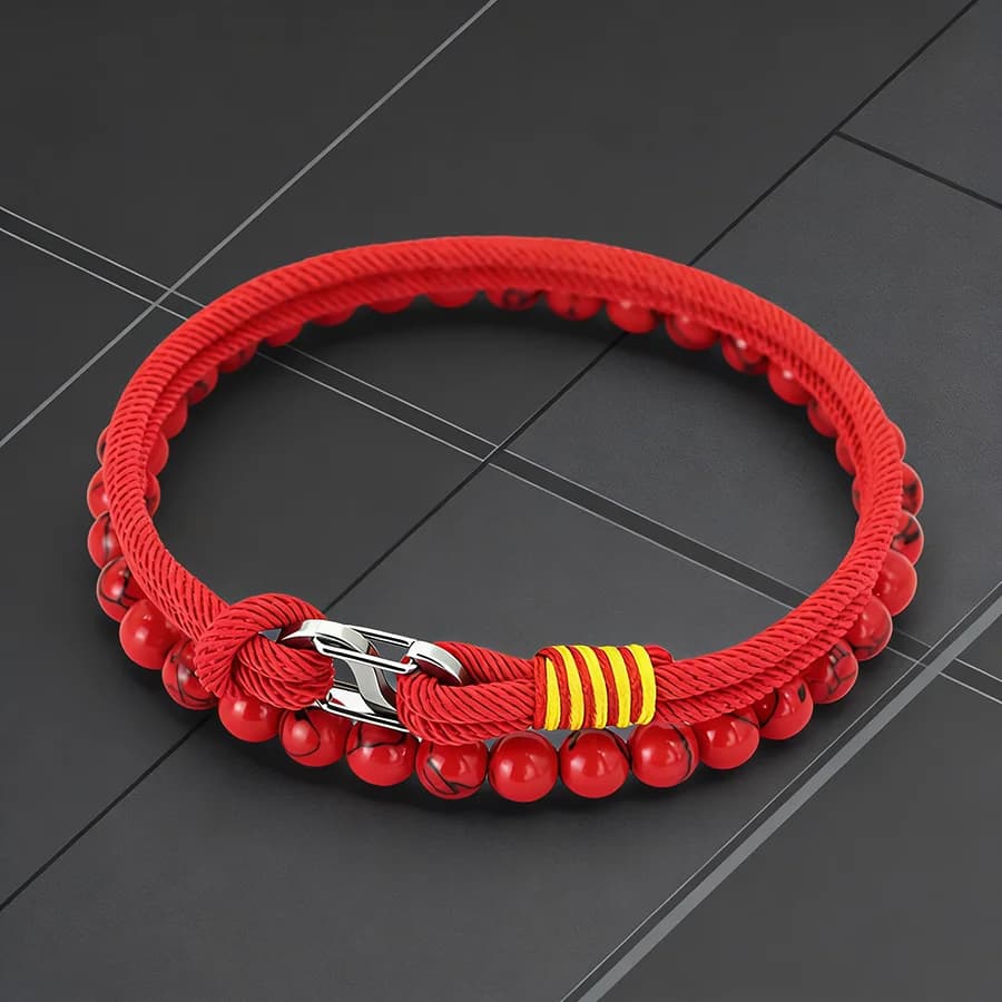 Business 2Pcs Luck Red Bracelet Set Men 6mm Stone Beads Handmade Nylon String Wristband Valentine Day Gift For Husband Jewelry