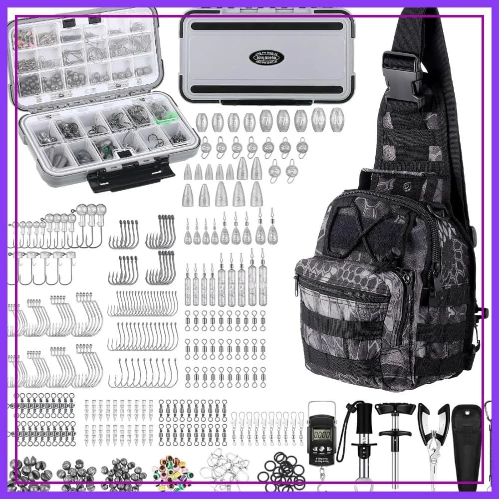 Kit di Accessori per la Pesca da 397 Pezzi con Zaino, Scatola Porta Attrezzi, Ami, Pesi, Piombi, Lame per Spinner