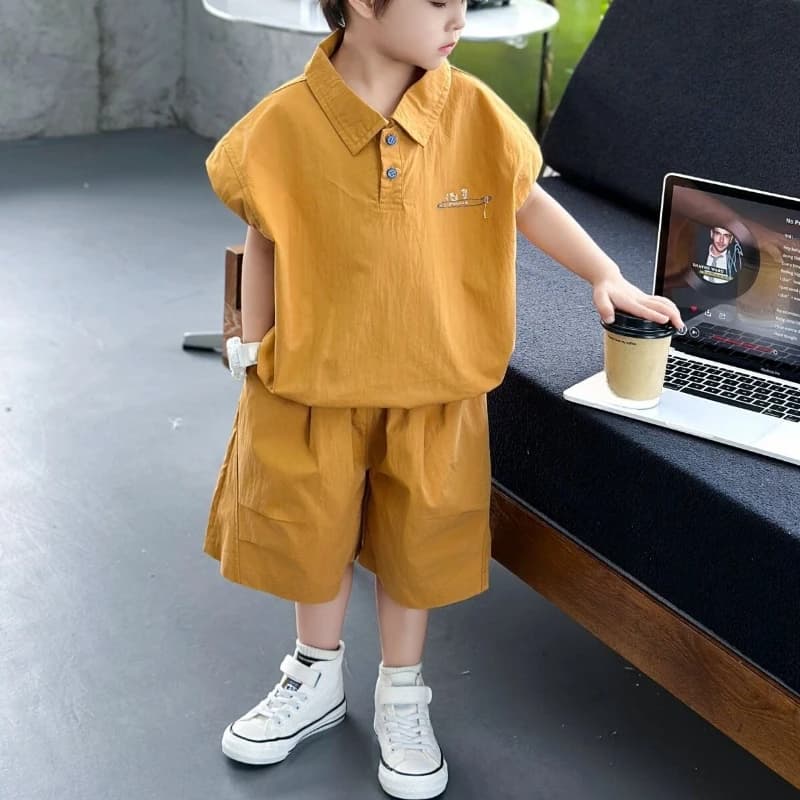 Boys 2026 Polo Sleeveless Vest Shorts Two Piece Set Cute Breathable Soft Cotton Casual Loose Outfit for Kids Daily Trendy Wear