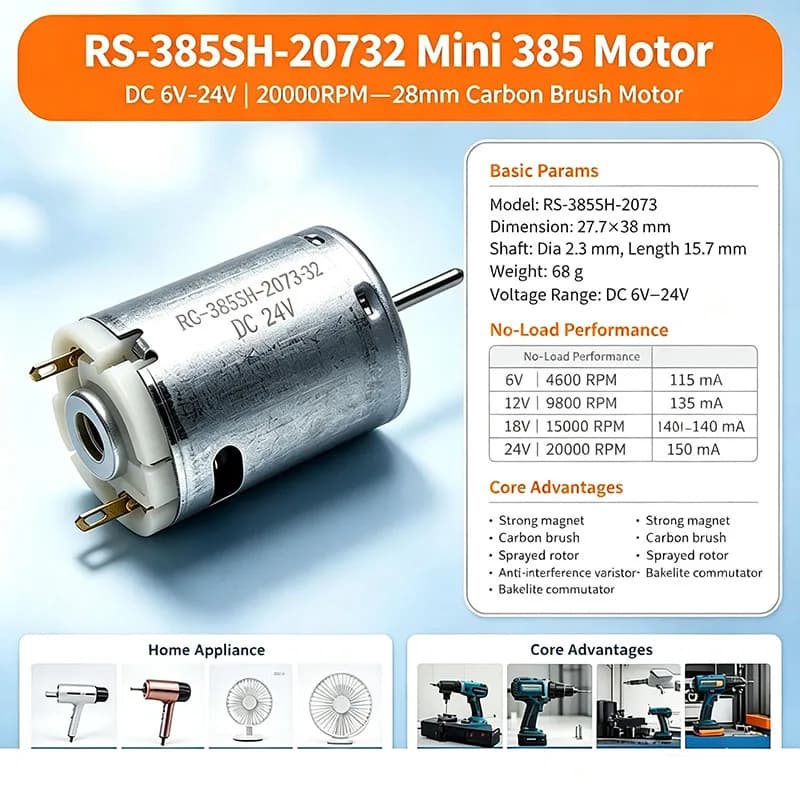 RS-385SH-2073 Mini 385 Motor DC 6V 12V 18V 24V 20000RPM Micro 28mm Carbon Brush Electric Motor DIY Hair Dryer Hobby Toy Model