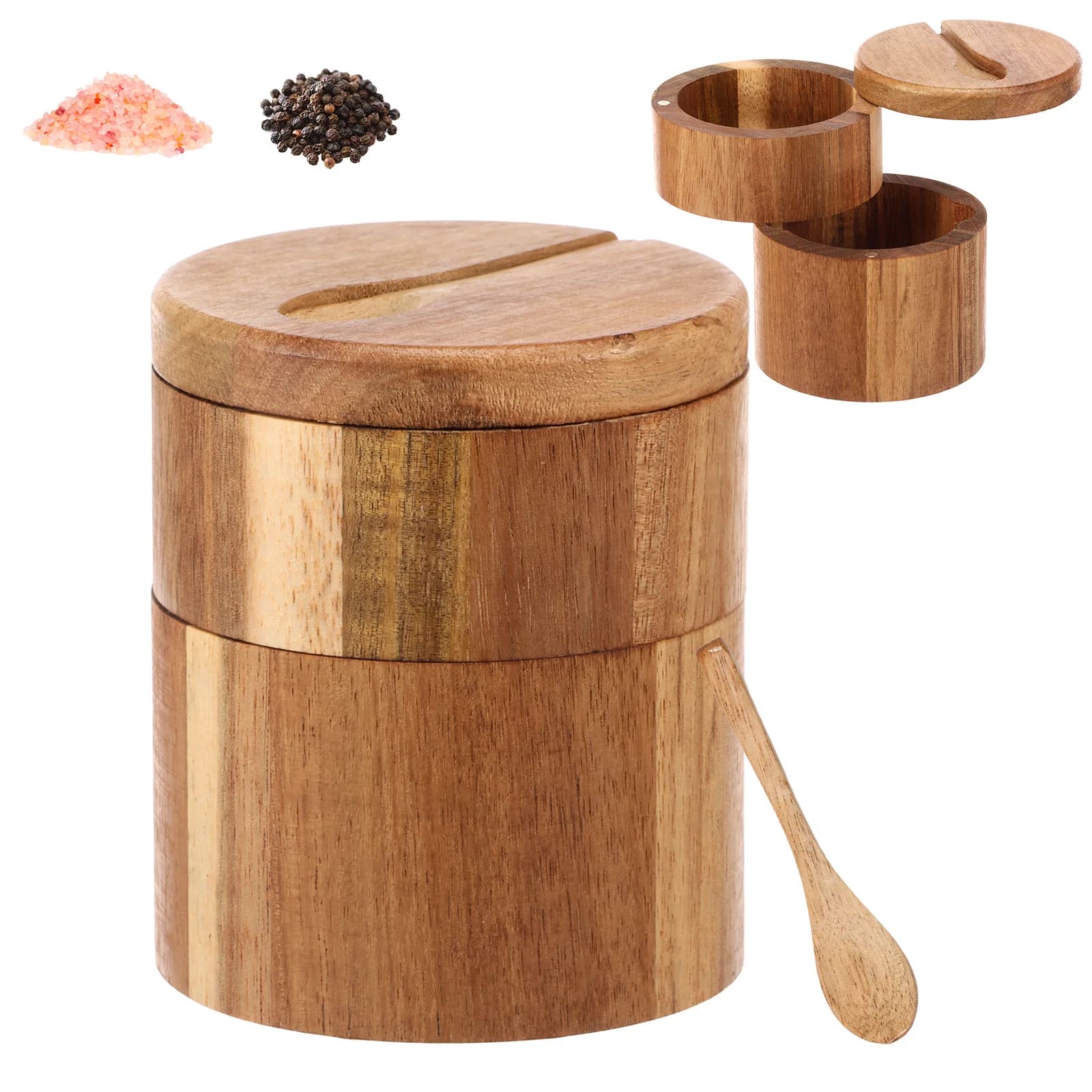 Set di Contenitori per Condimenti Sale e Pepe, Scatola in Legno, Ciotole Portaspezie, Contenitore per Zucchero con Coperchio Magnetico Rotante, Multiuso