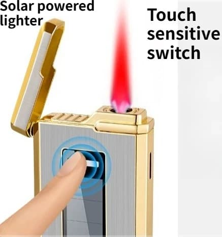 Accendino Creativo a Fiamma Rossa con Ricarica Solare e Antivento, Accendino Integrato Gas ed Elettrico di Alta Gamma, Regalo per Uomo, Accessori per Sigarette
