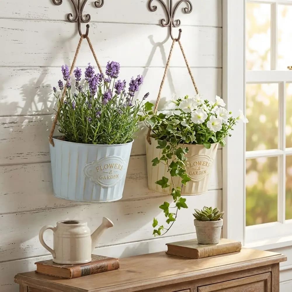 Semi Round Hanging Flower Pot Plant Bucket Wall Mounted Wall Mounted Planter Retro Iron Art Handmade Over Fence Planter