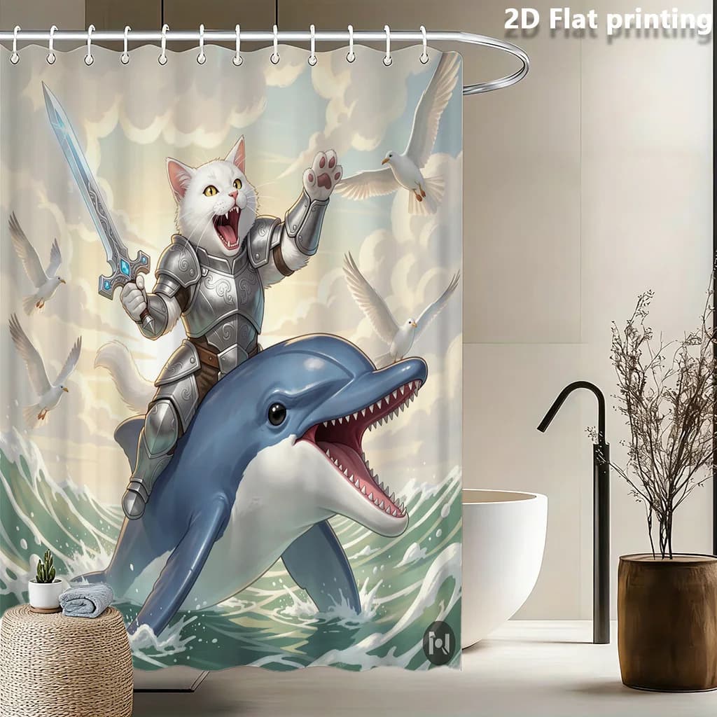 Artistic Cat Warrior Dolphin Sea Creature Shower Curtain Waterproof Polyester Bathroom Decoration Novelty Anime Print Cloth