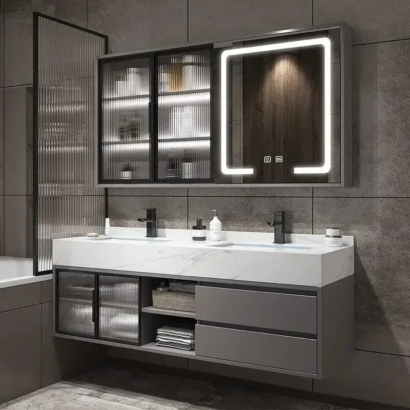 Bagno di lusso Doppio lavabo Armadietto a specchio Lavabo in ceramica integrato in ardesia Mobiletto per lavabo da bagno Mobili da bagno