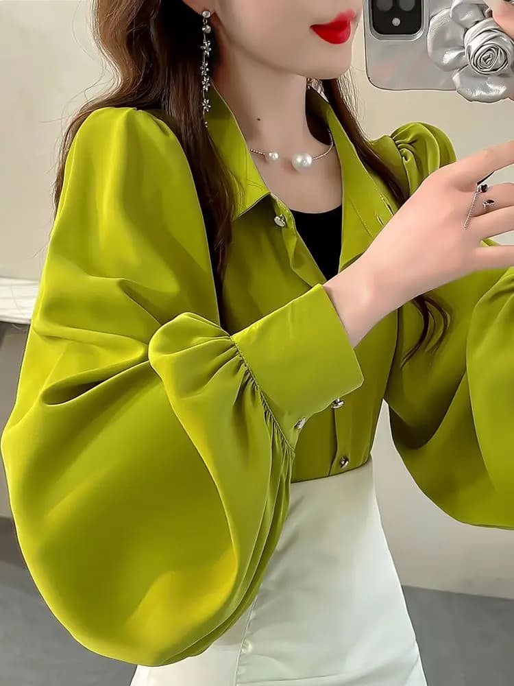 Solid Color Floral Blouse Elegant Lantern Sleeve Womens Top Plus Size Design Long Sleeve Shirt