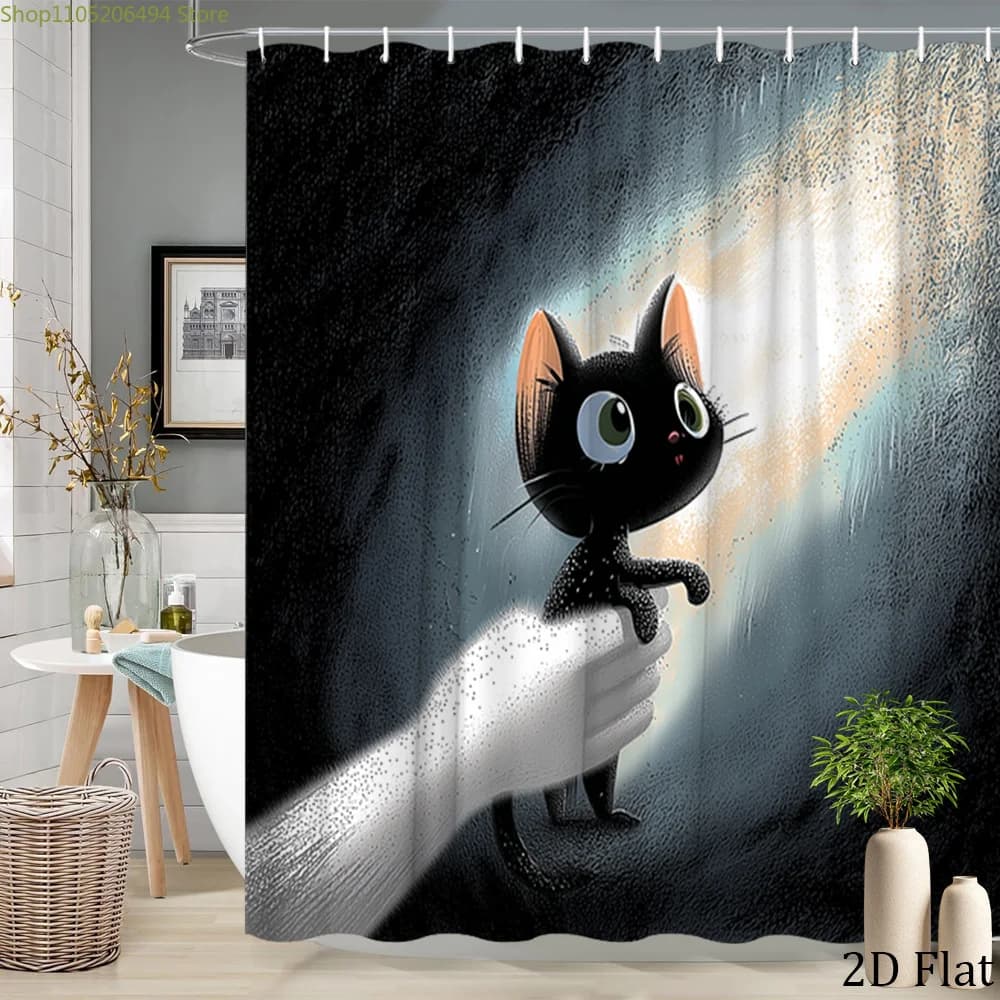 Tenda da doccia 2D piatta, [2D Flat] 1 pz. con simpatico gatto nero dei cartoni animati, decorazione per bagno, tenda da bagno con 12 ganci, 70.8x70.8 pollici, magica
