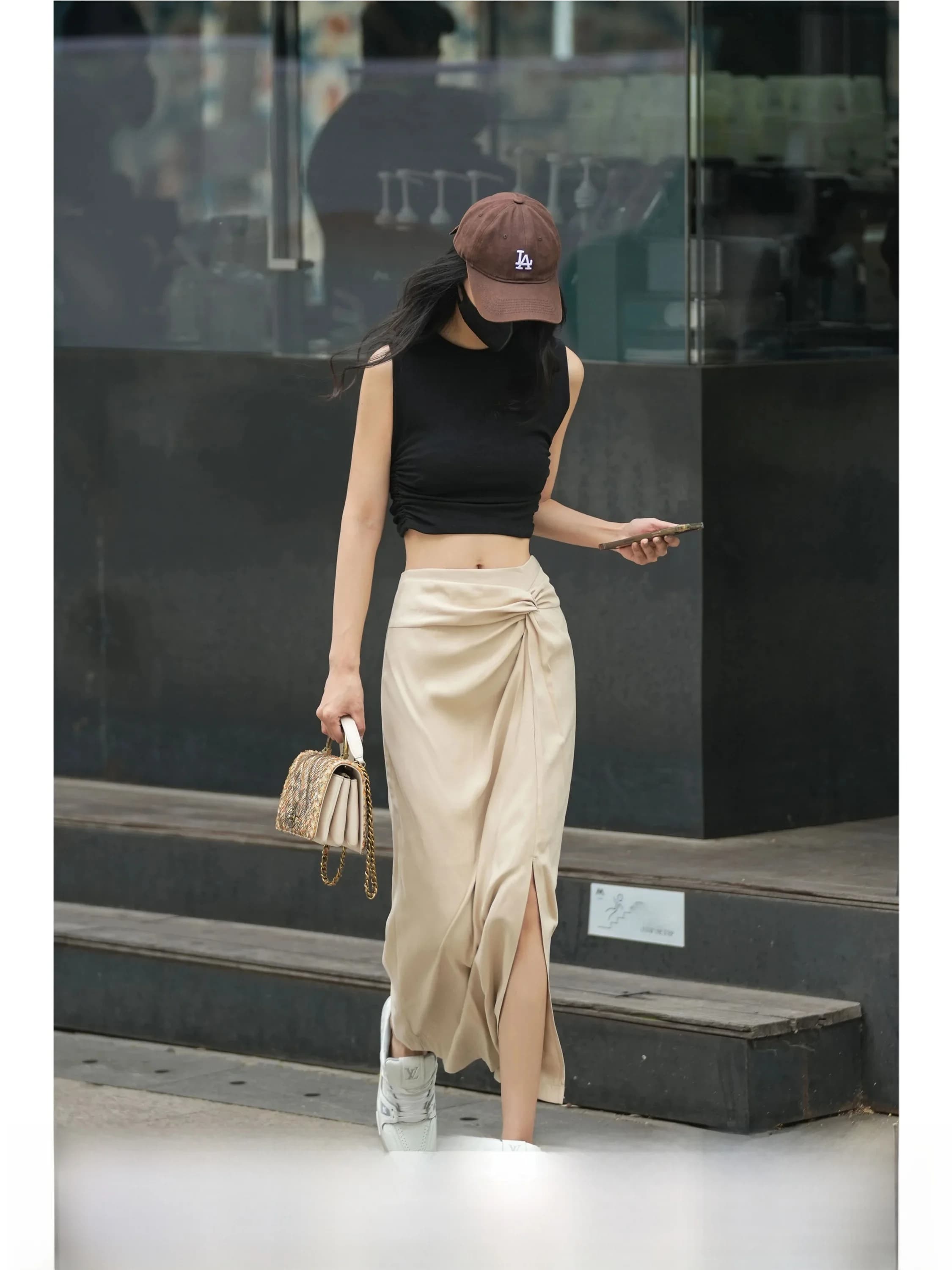 Gonna Midi Estiva Luna7xi Nuova Collezione a Vita Alta, Gamba Dritta e Sottile, Colore Albicocca con Spacco, Stile Semplice per Donna, Ideale per il Lavoro