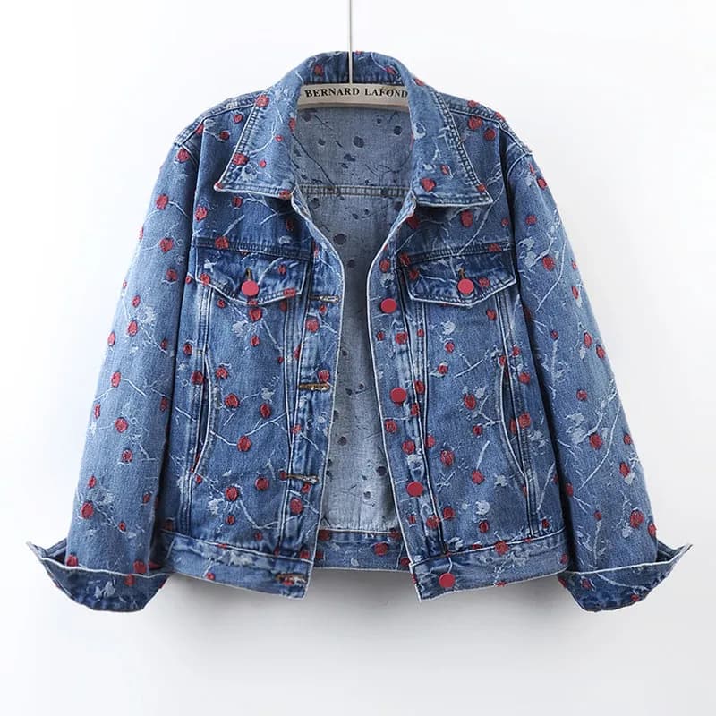 Giacca di Jeans Vintage Ricamata Blu, Stile Casual con Colletto e Maniche Lunghe, Nuovo Modello Autunnale per Donna
