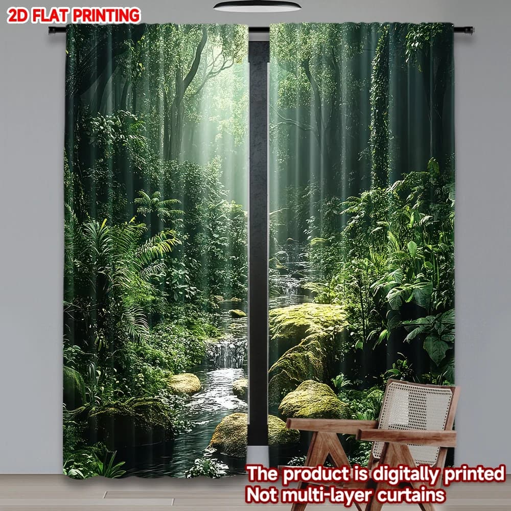 Stampa piatta 2D 2 pezzi Tende Sunlit Forest Stream Tende in poliestere stampate digitali Tende festive Uso per la famiglia delle vacanze