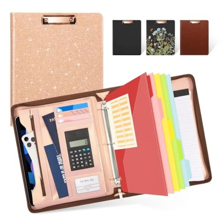 Clipboard with Storage, 3 Ring Binder with Zipper, Leather Padfolio Portfolio Folder, Calculator, 12.1" Tablet Sleeve, 5 Divide