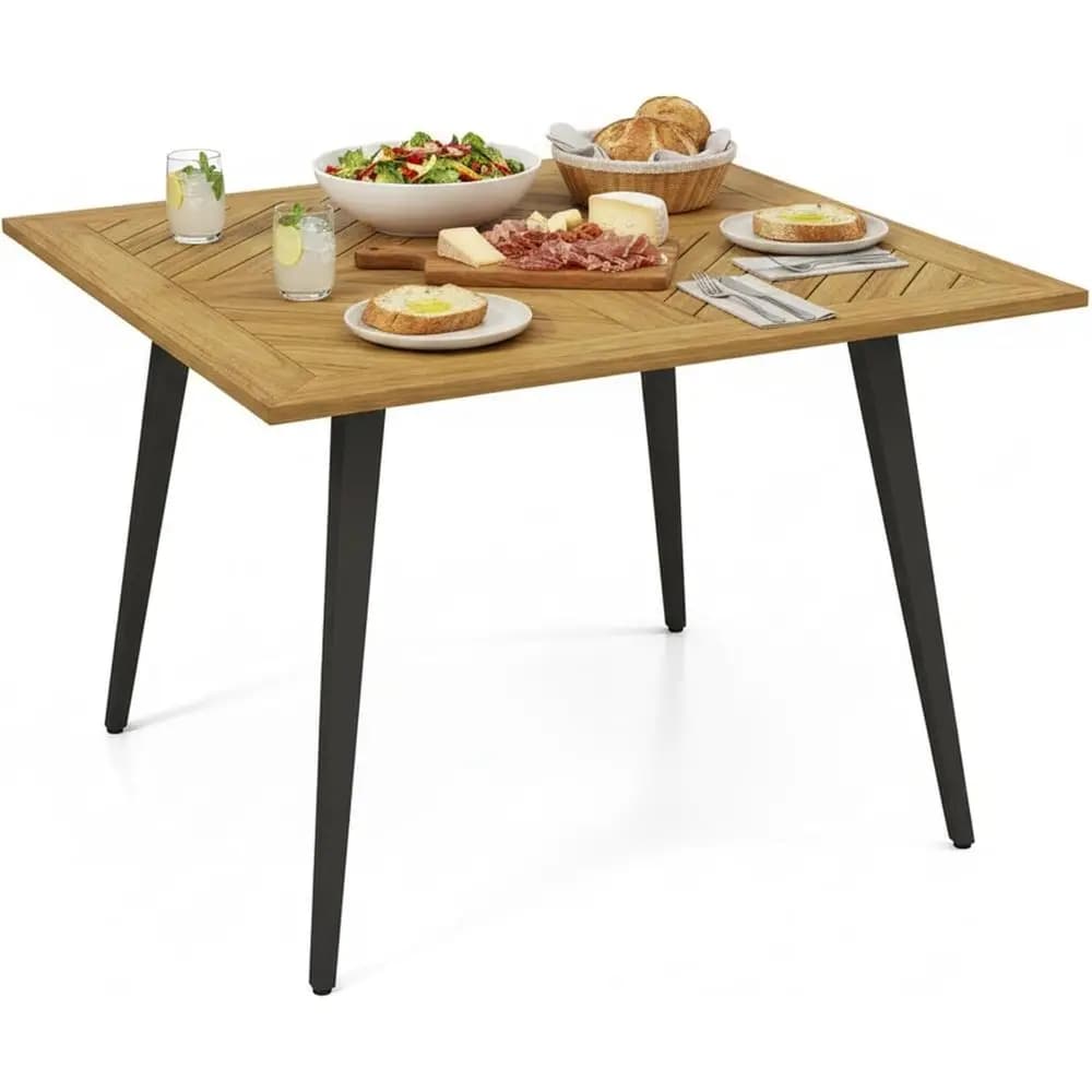 Tavolo da Pranzo da Esterno in Acacia 42.5 con Foro per Ombrellone, Gambe in Metallo, Piedini Regolabili, Arredo Patio per 4 Persone, per Giardino, Piscina